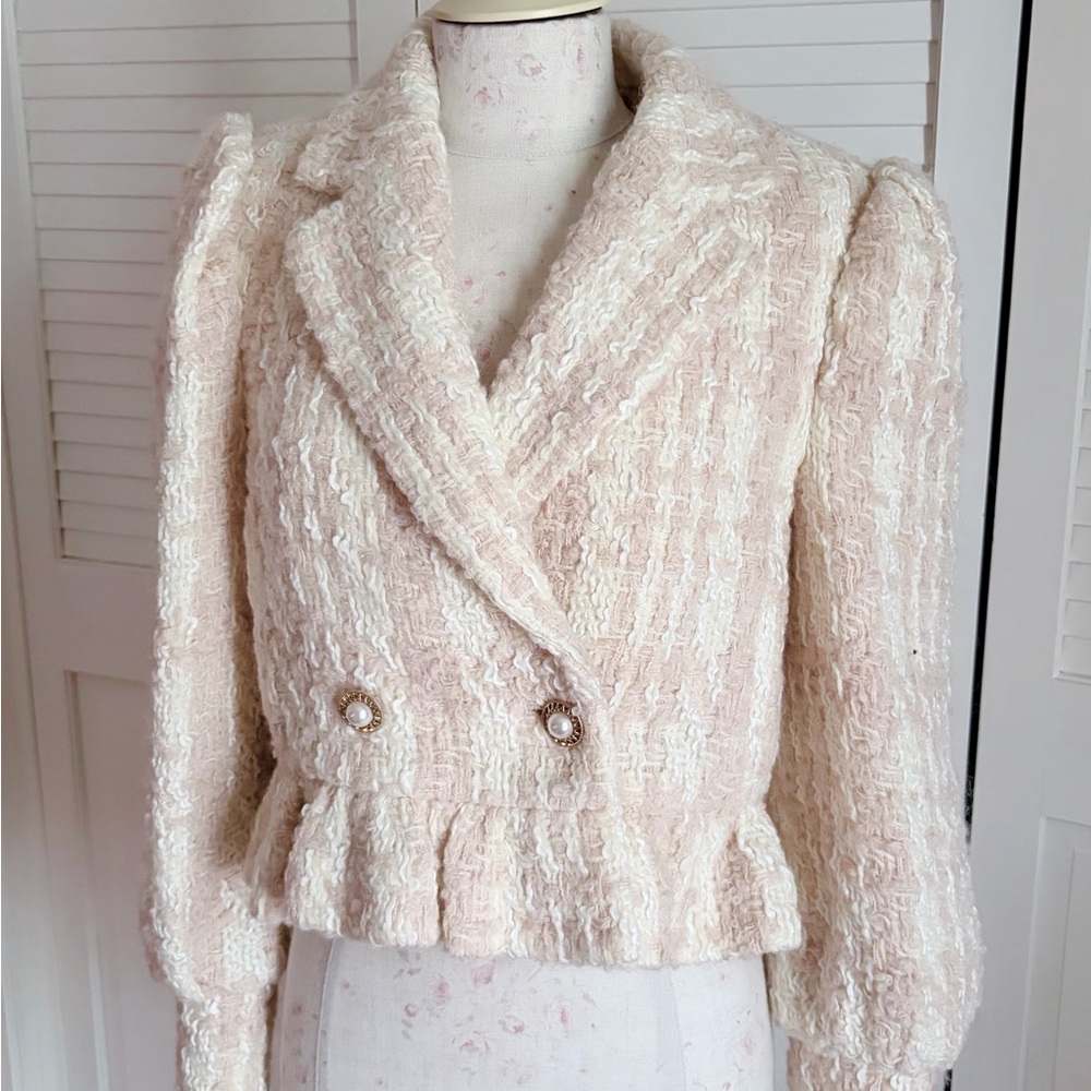 LoveShackFancy Cream Textured Tweed Peplum Blazer